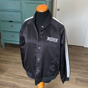 Justin Bieber bomber satin baseball jacket